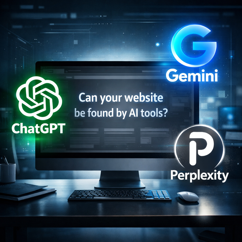 Monitor showing ChatGPT, Gemini, and Perplexity around an AI search interface.