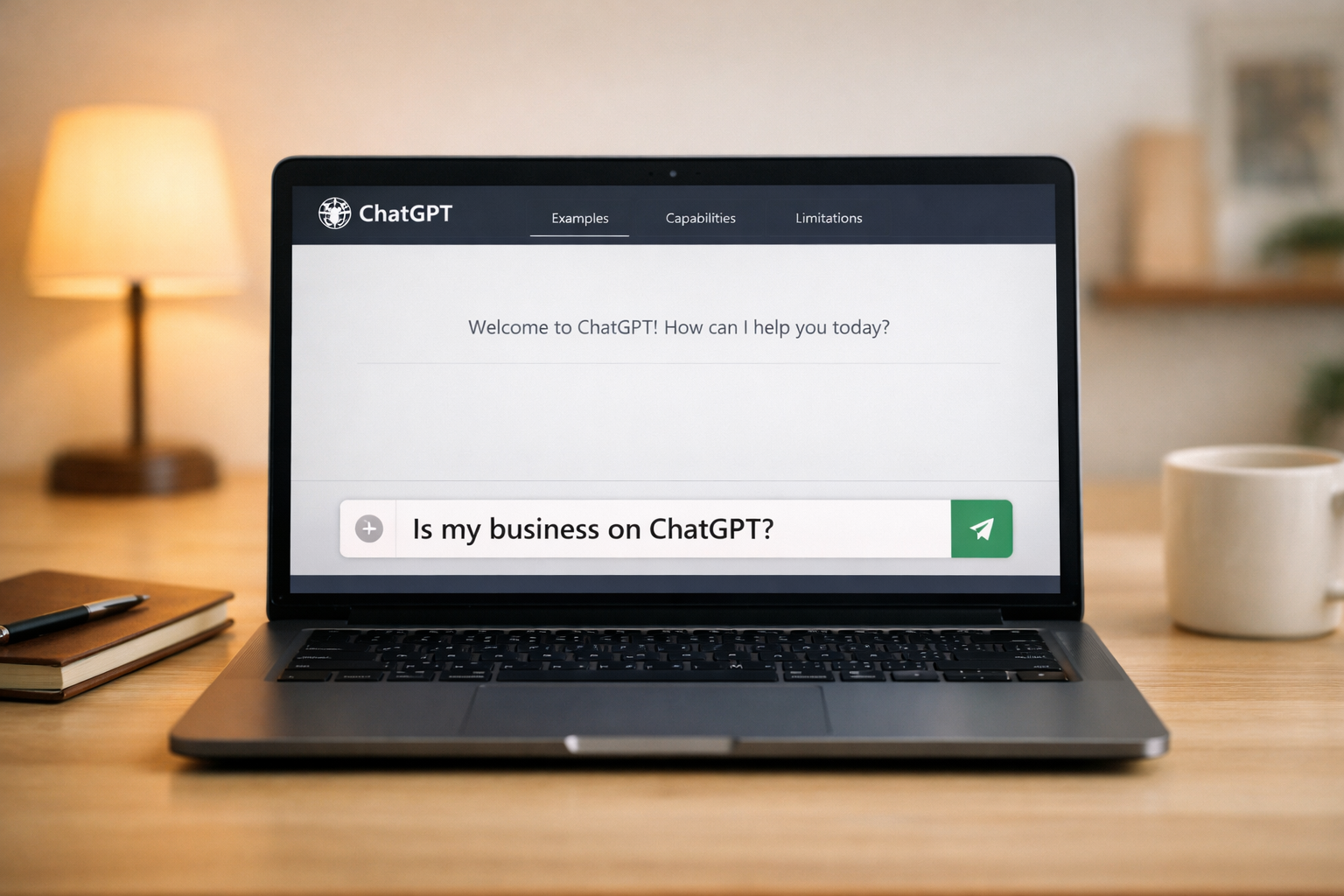 Laptop screen showing a ChatGPT window asking whether a business is visible.